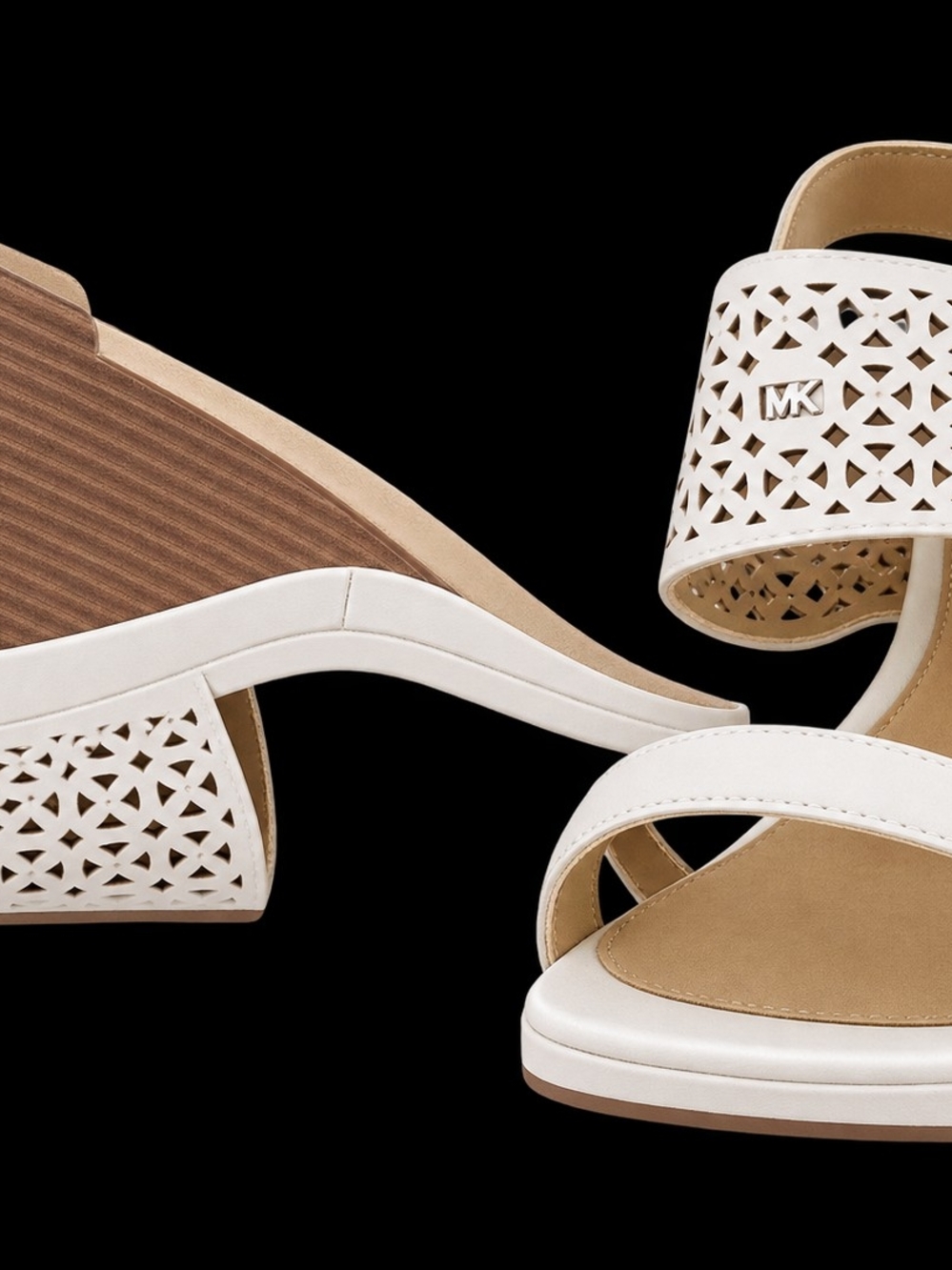 Michael Kors White Laser-Cut Wedge Sandals with MK Accent